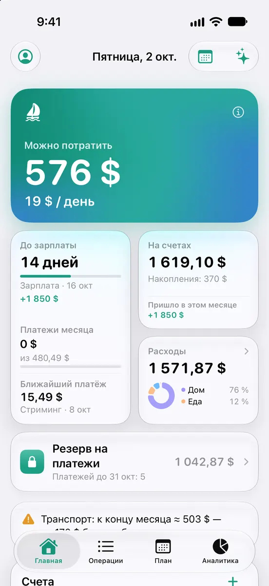 Главный экран Afloat: $576 можно потратить, $19 в день, 14 дней до зарплаты